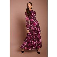 Coast Women's Printed Long Sleeve Pleated Tiered Midaxi Dress in Burgundy | Size: 18