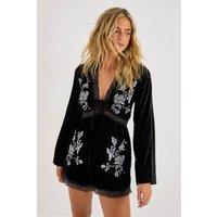 NastyGal Women's Velvet Embroidered Lace Trim Romper in Black | Size: 6