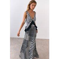 Warehouse Women's Mixed Panel Striped Racer Maxi Satin Dress in Mono | Size: 12
