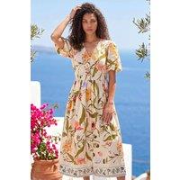 Roman Women's Petite Floral Print Button Midi Dress in Natural | Size: 16