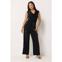 M&Co Women's Petite Sequin Velvet Cowl Neck Jumpsuit in Black | Size: 16
