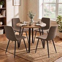 FWStyle 90cm Round Oak Dining Table Set With 4 Dark Brown Linen Dining Chairs