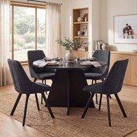 FWStyle 120cm Round Black Oak Dining Table With 4 Black Swivel Dining Chairs