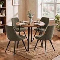 FWStyle 90cm Round Oak Dining Table Set With 4 Green Swivelling Dining Chairs in Brown