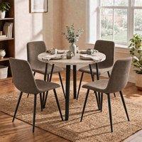 FWStyle Round Travertine Dining Table Set With 4 Dark Brown Dining Chairs in Beige