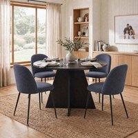 FWStyle 120cm Round Black Oak Dining Table With 4 Steel Blue Dining Chairs