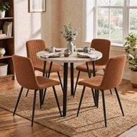 FWStyle Round Travertine Dining Table Set With 4 Chestnut Dining Chairs in Beige