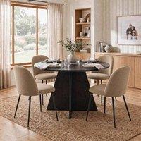 FWStyle 120cm Round Black Oak Dining Table With 4 Mustard Dining Chairs in Yellow