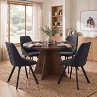FWStyle 120cm Round Walnut Oak Dining Table With 4 Black Swivel Dining Chairs in Brown