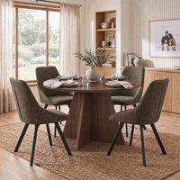 FWStyle 120cm Round Walnut Oak Dining Table With 4 Green Swivel Dining Chairs in Brown