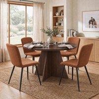 FWStyle 120cm Round Walnut Dining Table & 4 Chestnut Clamshell Dining Chairs in Brown