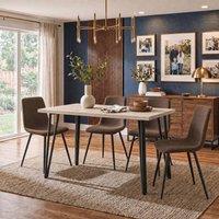 FWStyle 120x70cm Travertine Dining Table Set With 4 Dark Brown Dining Chairs in Beige | Size: 120x70 cm