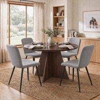 FWStyle 120cm Round Walnut Dining Table & 4 Grey Clamshell Dining Chairs in Brown