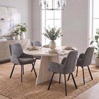 FWStyle 120cm Round Travertine Dining Table With 4 Grey Swivel Dining Chairs in Beige