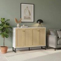 KORVIXA White Storage Sideboard with Rattan 4 Door in Natural | Size: 100 cm x 100 cm