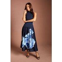 Coast Women's Satin Midi Skirt With Placement Print in Navy | Size: 14