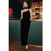 Yumi Women's Velvet One Shoulder Jumpsuit With Scarf in Black | Size: 12