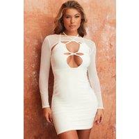 Femme Luxe Women's Cream Mesh Long Sleeve Lace Up Bodycon Mini Dress - Mila | Size: 8