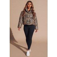 Femme Luxe Women's Leopard Sequin High Neck Puffer Jacket | Size: 10