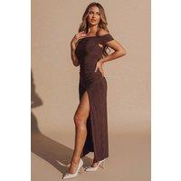 Femme Luxe Women's One Shoulder Ruched Double Layer Maxi Dress in Chocolate | Size: 12
