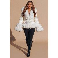 Femme Luxe Women's Faux Fur Belted Coat in Ivory | Size: 8