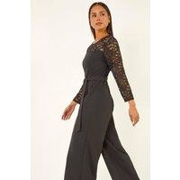 Roman Women's Petite Lace Contrast Stretch Jumpsuit in Black | Size: 8