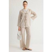 WOVCOR Women's 2-Piece Linen Look Tie Detail Top & Wide Leg Trouser Co-ord Set in Beige | Size: 16