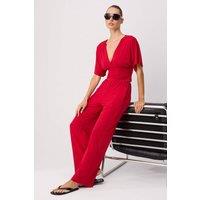 WOVCOR Women's 2-Piece Fitted Batwing Sleeve Wide Leg Co-ord Set in Red | Size: Medium