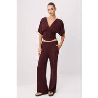 WOVCOR Women's 2-Piece Fitted Batwing Sleeve Wide Leg Co-ord Set in Brown | Size: Medium