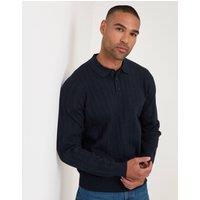 threadbare Men's Textured Cable Knit Polo Jumper in Navy | Size: Large