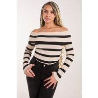 Pink Vanilla Women's Striped Bardot Knit Top in Stone | Size: Medium/Large
