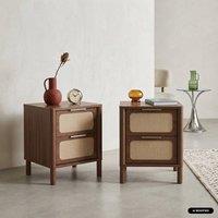 sweeek Set of 2 vintage bedside tables with wood decor & cane, 2 drawers in Dark Brown