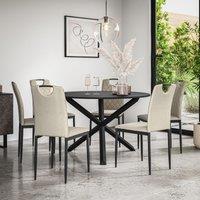 More4Homes Malvern Round Dining Table & Chairs - Black Table Top w Solid Oak Black Legs + Monza Fabric Dining Chair Set Of 6 in Beige