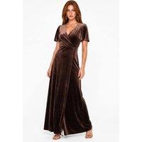 Maya Deluxe Women's Faux Wrap Short Sleeve Velvet Maxi Dress in Chocolate | Size: 10