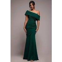 Goddiva Women's Pleated One Shoulder Bardot Fit & Flare Maxi Dress in Emerald | Size: 18