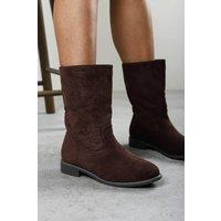 Where's That From Women's 'Ilyra' Round Toe Mid Calf Flat Sole Boots in Dark Brown | Size: 4