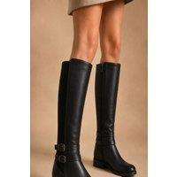 SHOES BY EMMA Women's Long Leg Boots with Stretch Gusset, Side Zip & Buckle Detail in Black | Size: 6