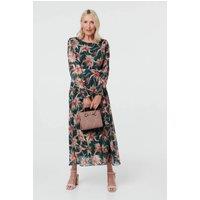 Izabel London Women's Floral Tie Waist A-Line Maxi Dress in Green | Size: 14