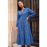 Roman Women's Cotton Denim Tiered Midi Dress in Mid Blue | Size: 10