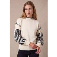 Roman Women's Contrast Stitch Stripe Jumper in Ivory | Size: 18