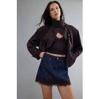 WOVCOR Women's Lace Detail High Waist Mini Denim Skirt in Dark Navy | Size: 12