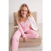 WOVCOR Women's V Neck Long Sleeve Ribbed Pyjama Set in Pink | Size: XS