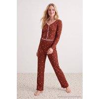 WOVCOR Women's V Neck Long Sleeve Ribbed Pyjama Set in Brown | Size: Small