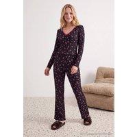 WOVCOR Women's V Neck Long Sleeve Lace Detail Ribbed Pyjama Set in Black | Size: Large