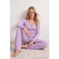 WOVCOR Women's V Neck Long Sleeve Lace Detail Ribbed Pyjama Set in Lilac | Size: XS