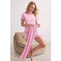 WOVCOR Women's Crew Neck Standard Sleeve Soft Touch 3 Piece Pyjama Set in Pink | Size: Medium