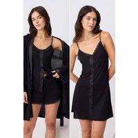 WOVCOR Women's Lace & Satin Detail V Neck Strappy 4 Piece Pyjama Set in Black | Size: XL
