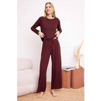 WOVCOR Women's Long Sleeve Ribbed Pointel Pyjama Set in Burgundy | Size: XS
