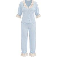 WOVCOR Women's V Neck Balloon Sleeve Viscose Pyjama Set in Blue | Size: 12