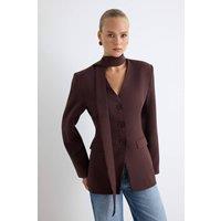 WOVCOR Women's Fitted Scarf Neck Long Sleeve Blazer Jacket in Brown | Size: 6